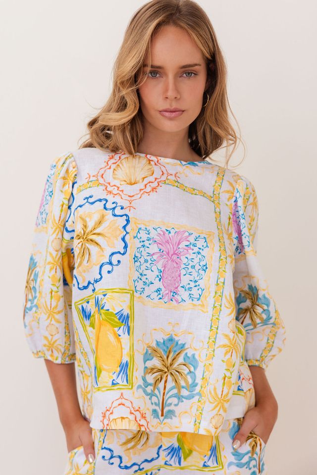 Linen elbow sleeve top amalfi