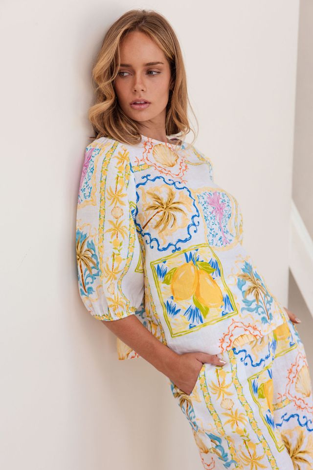 Linen elbow sleeve top amalfi