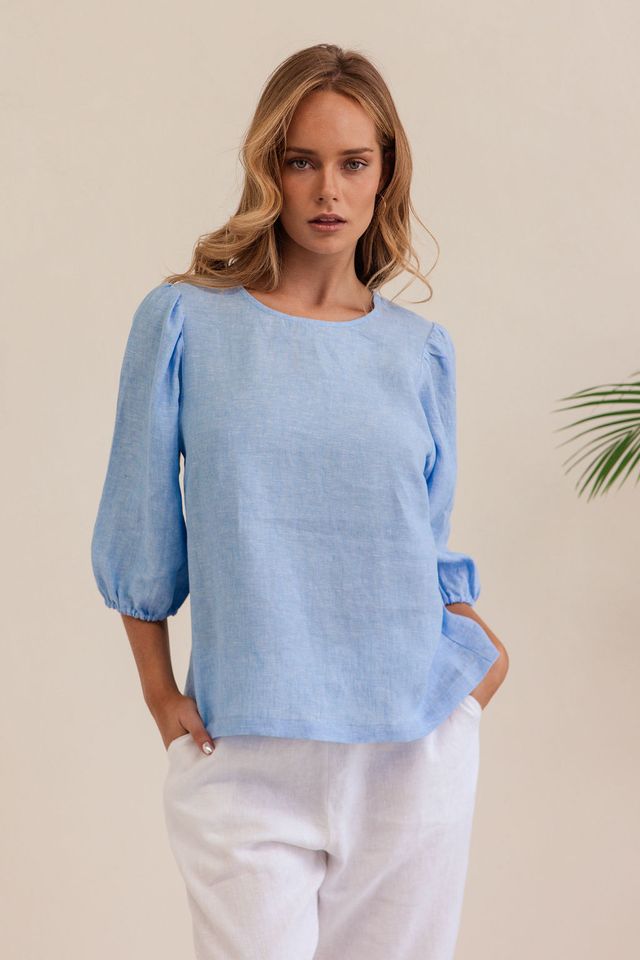 Linen elbow sleeve top chambray