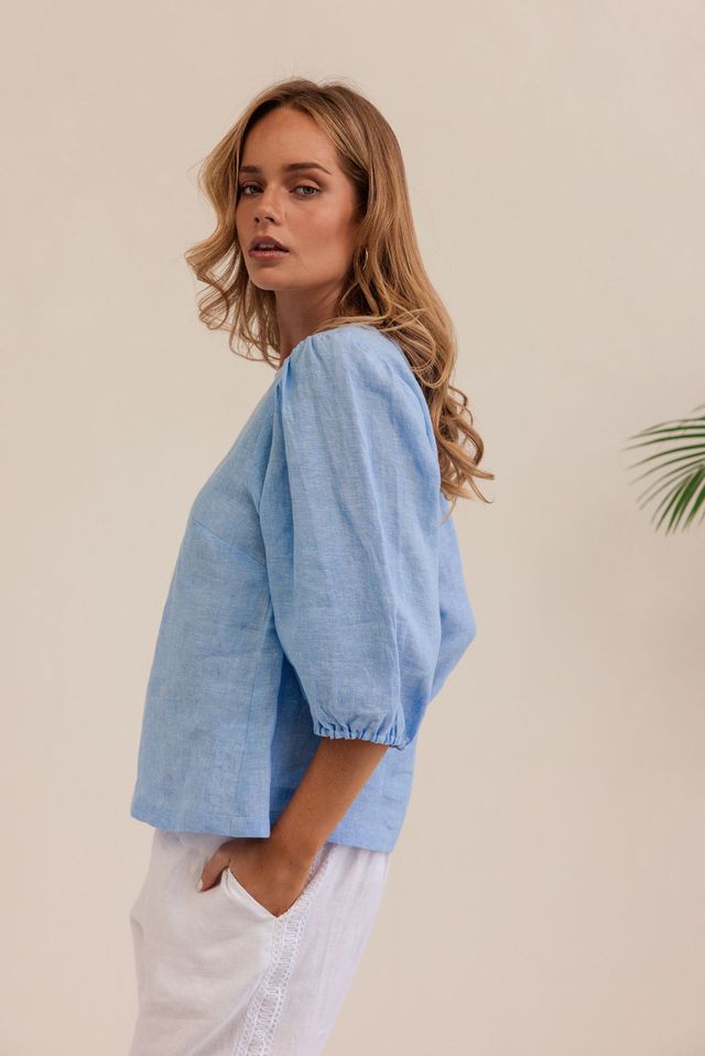 Linen elbow sleeve top chambray