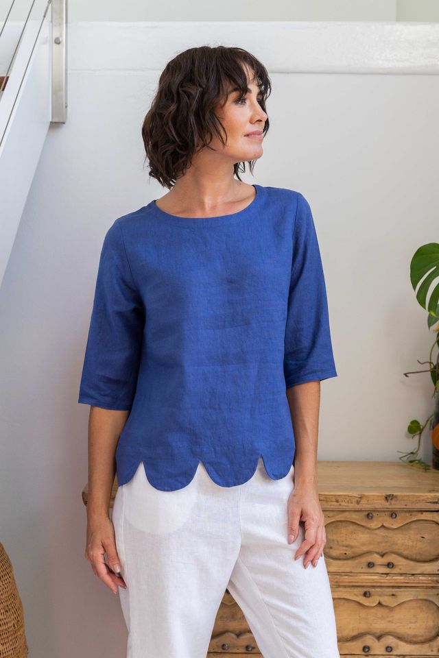 Linen SS Scallop Hem Top Denim