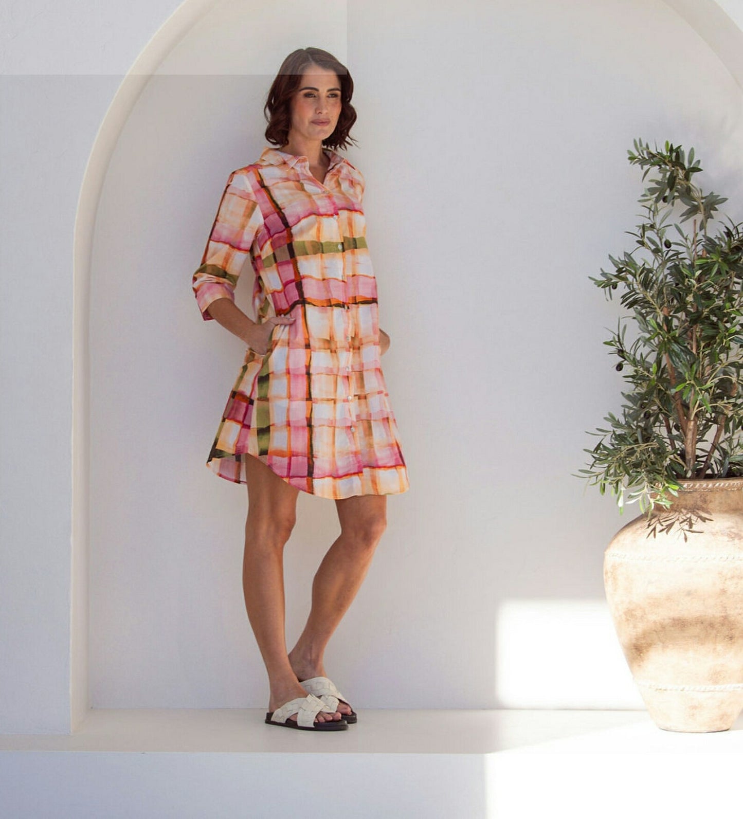 Cotton Shirtmaker Dress 3/4 Sleeve Sunset Check Print