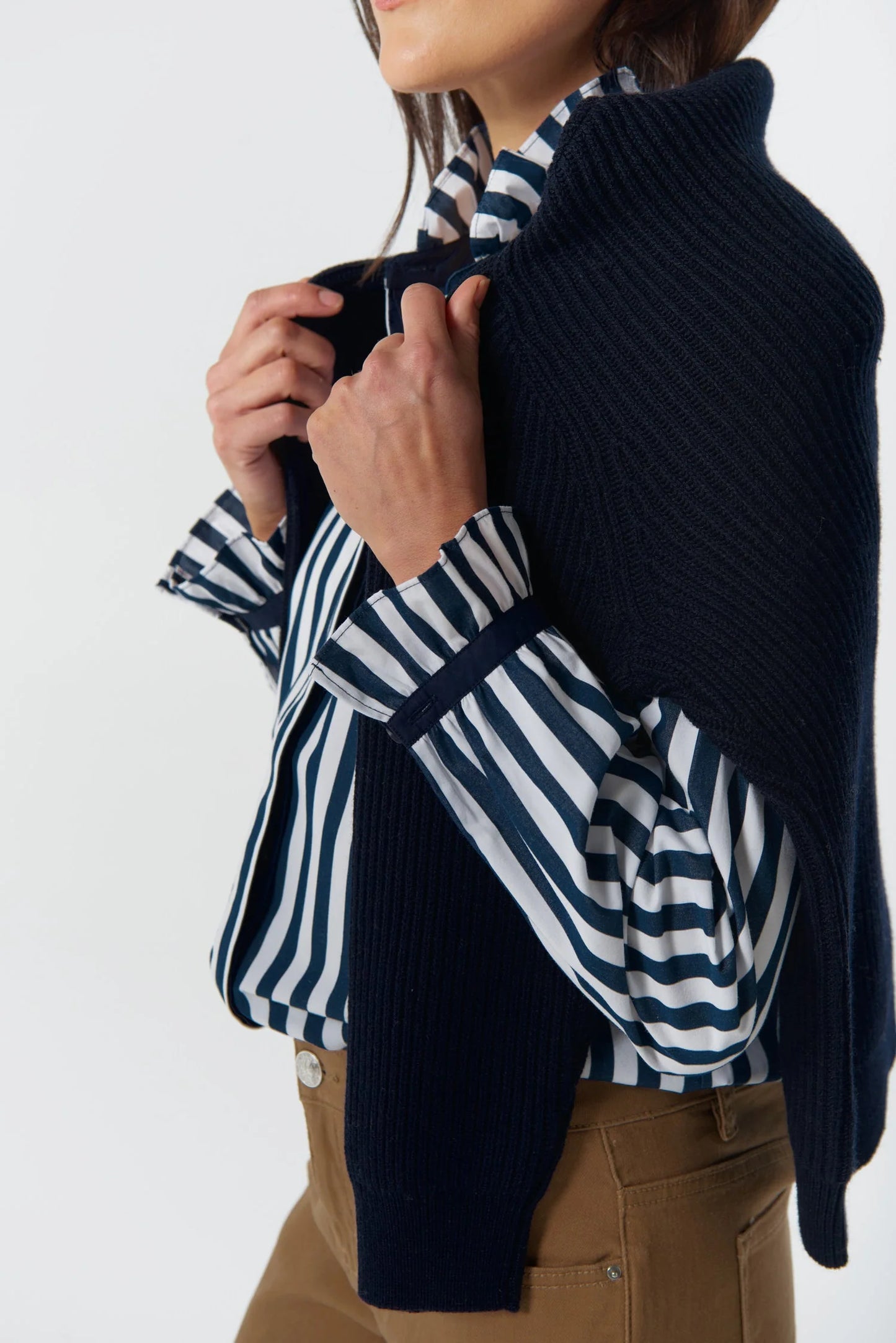 L/S Navy/White Stripe Shirt Frill Collar