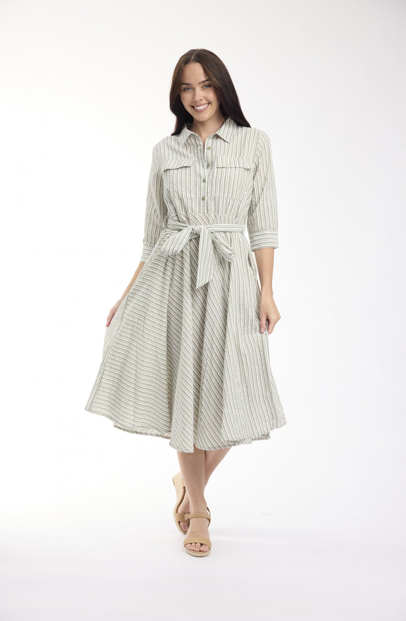 Seersucker Dress Pockets Collar