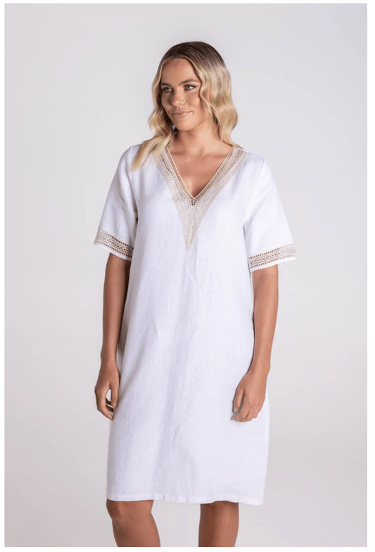 Linen Vneck Lace Linen  Dress