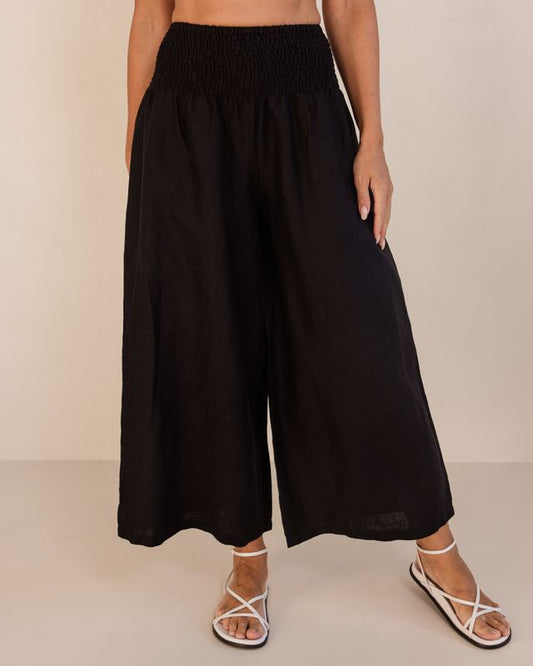 Linen Shirred Waist Pant Black