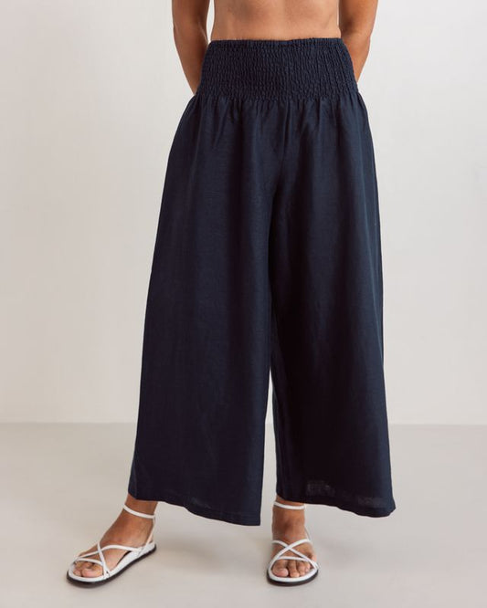 Linen Shirred Waist Pant Navy