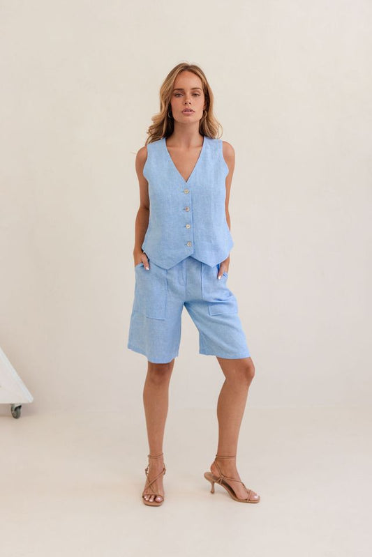 Linen button front vest chambray