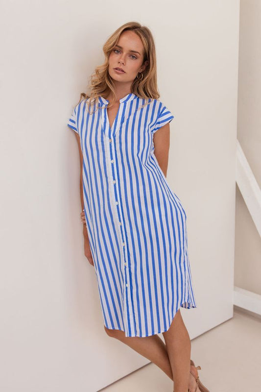 Cotton Extended Sleeve Dress Blu/wht stripe