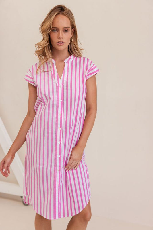 Cotton Extended Sleeve Dress pink/wht stripe