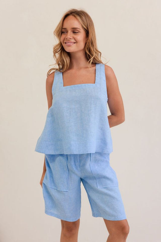 Linen square neck tank chambray
