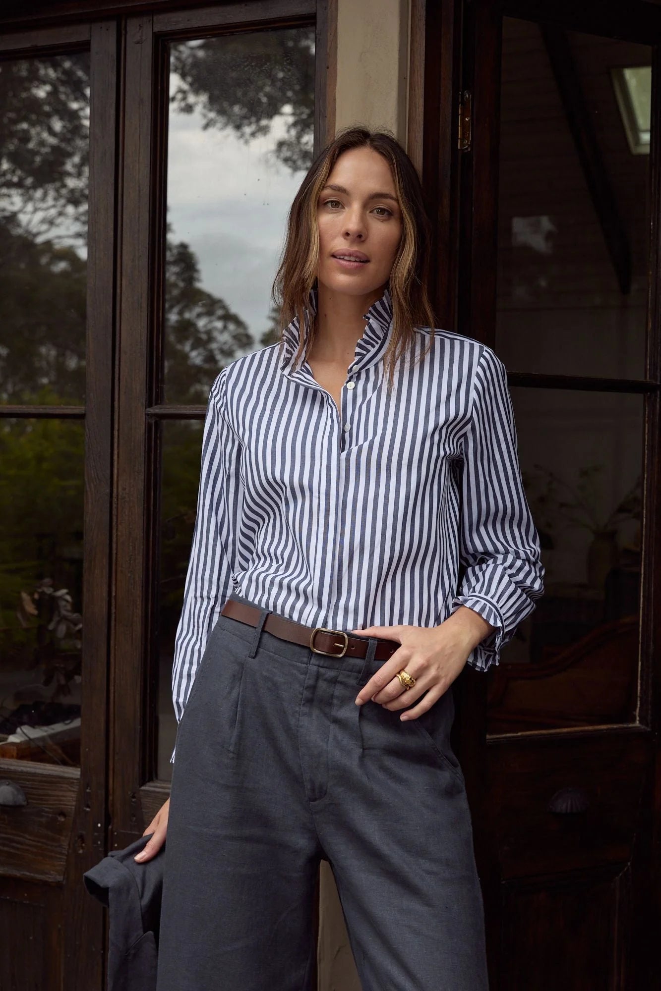 L/S Navy/White Stripe Shirt Frill Collar Cotton poplin