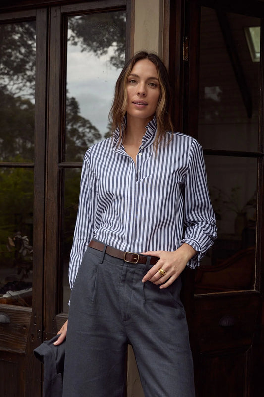 L/S Navy/White Stripe Shirt Frill Collar Cotton poplin