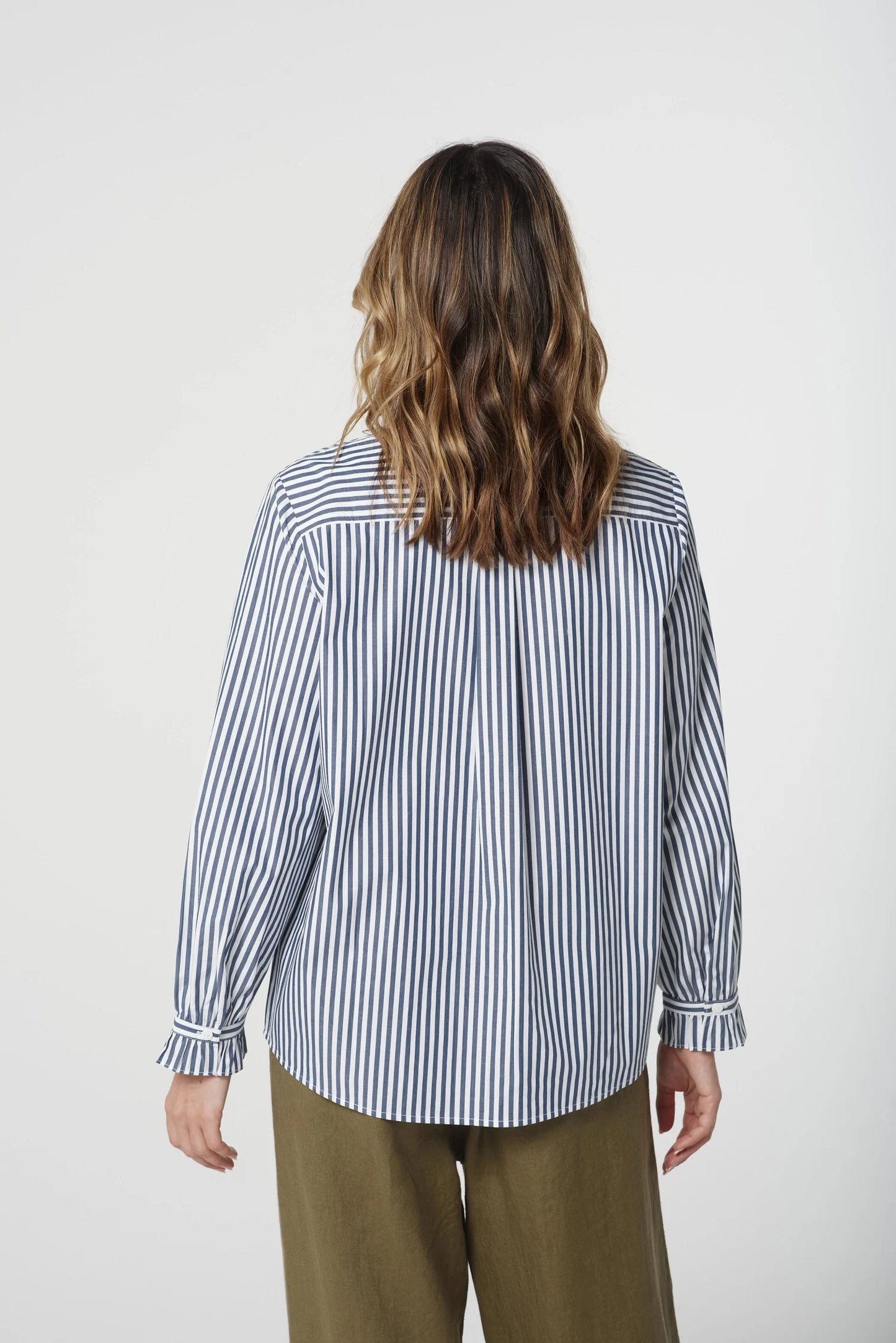 L/S Navy/White Stripe Shirt Frill Collar Cotton poplin