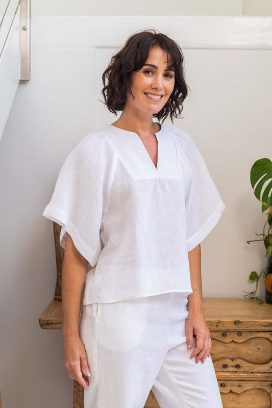 Linen Viscose V Neck Wide Sleeve Top White