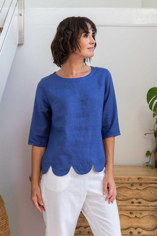 Linen SS Scallop Hem Top Denim