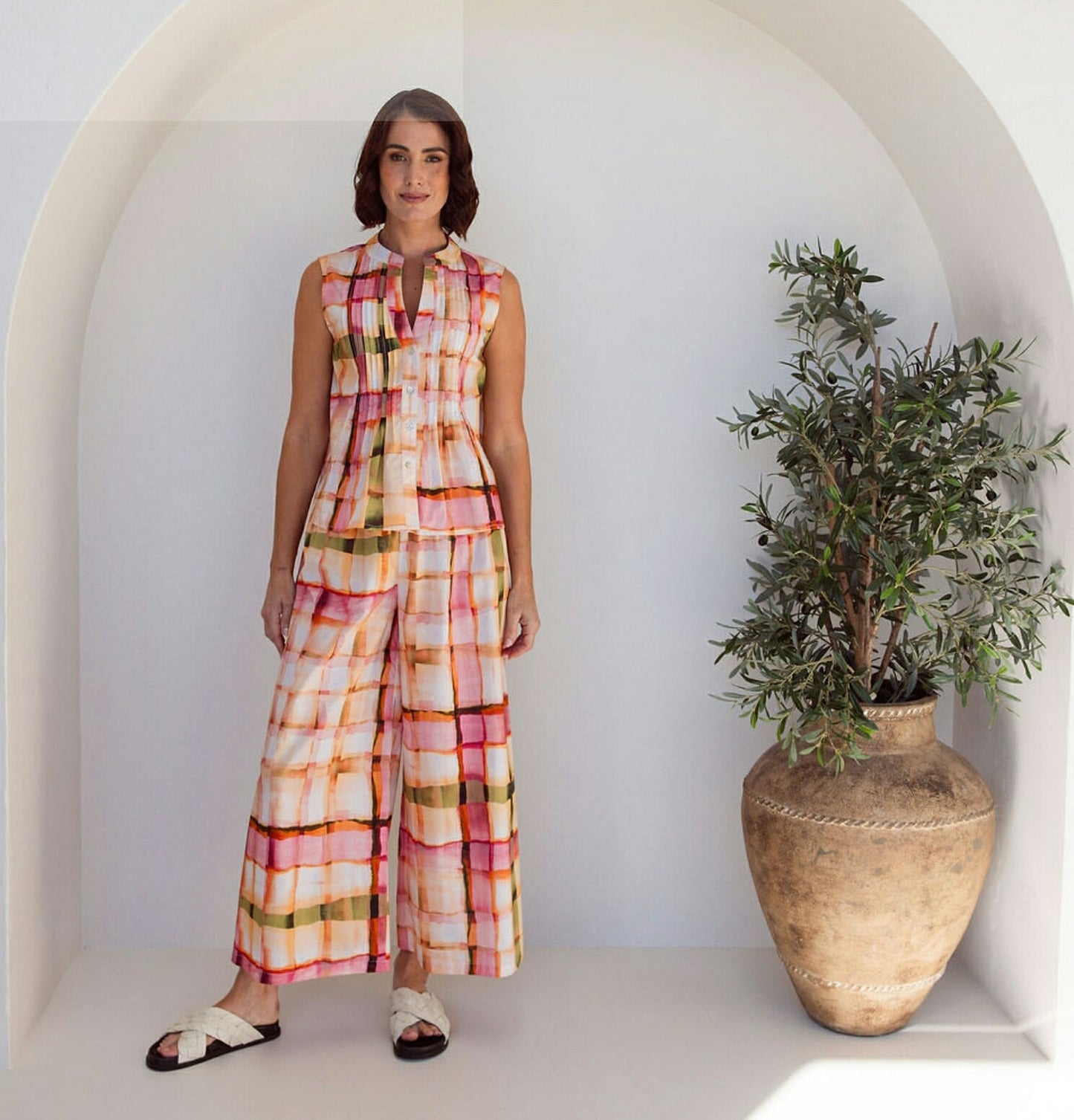 Cotton Pintuck Sleeveless Top Sunset Check