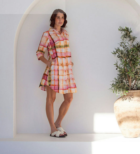 Cotton Shirtmaker Dress 3/4 Sleeve Sunset Check Print