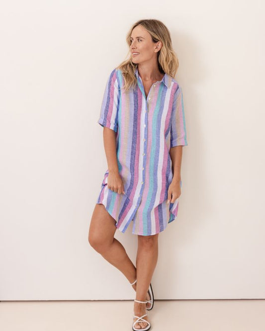 Linen Shirtmaker Dress Denim Pink Stripe