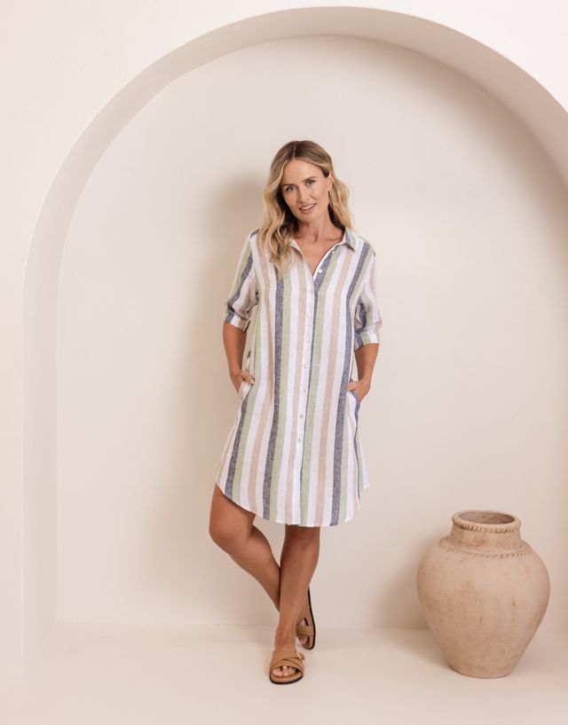 Linen Shirtmaker Dress See Saw  Pist Charc Stripe